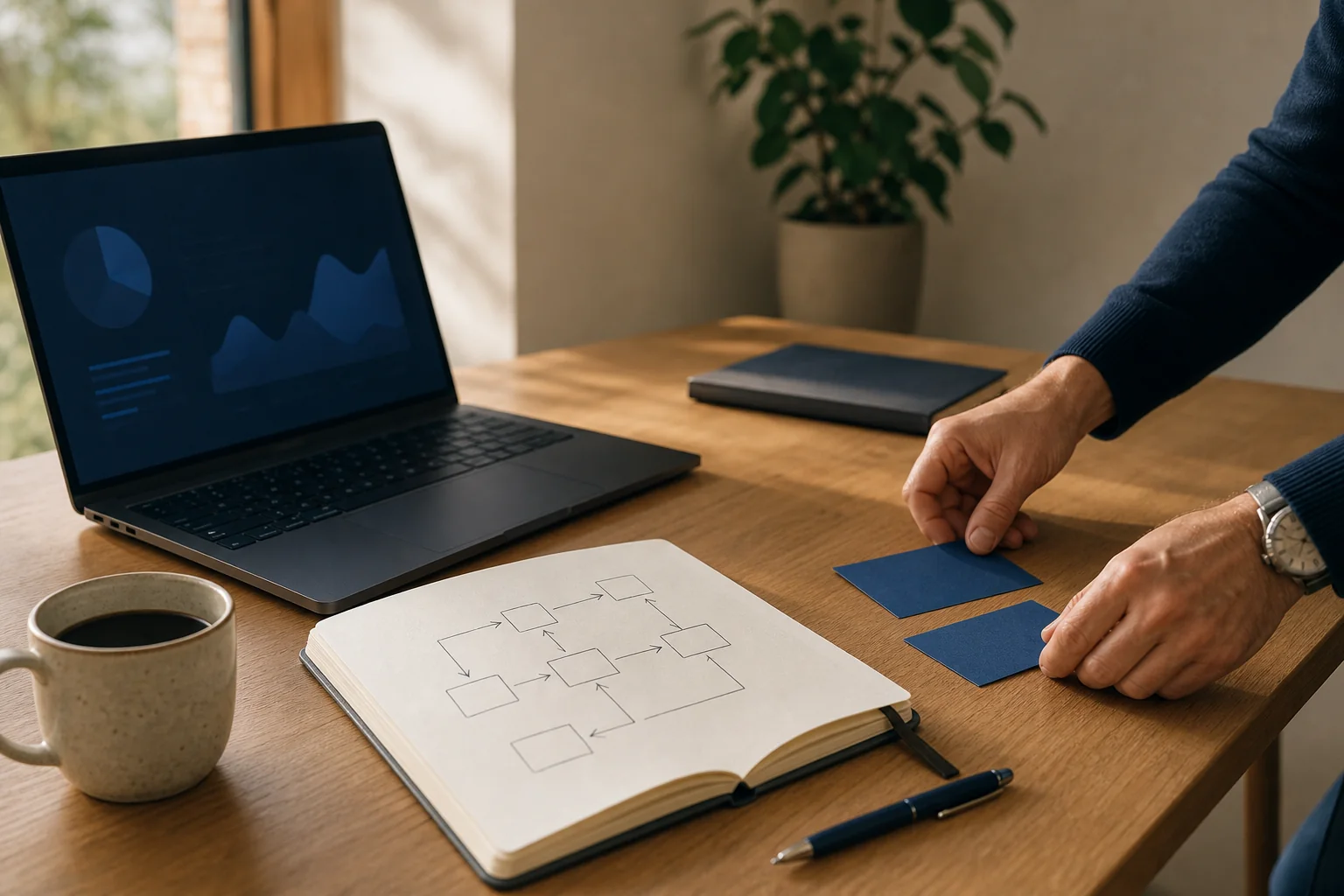 A working desk with an operational process sketch, laptop, and blue planning cards
